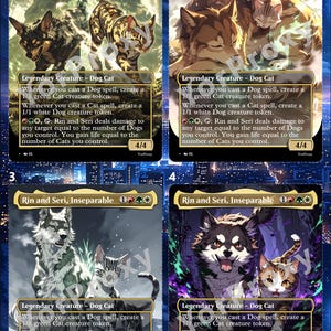 Pode incluir: Quatro cartas colecionáveis retangulares intituladas Rin and Seri, Inseparable, cada uma apresentando uma criatura lendária cão gato. As cartas exibem várias ilustrações, texto de jogo, símbolos de mana e uma força e resistência de 4/4.