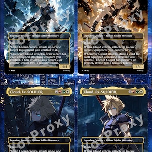 May include: Four Magic: The Gathering cards featuring Cloud, Ex-Soldier. Each card has a different illustration of the character. The cards have a blue, green, and gold color scheme, with text describing the card's abilities.