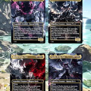 May include: Four Magic: The Gathering trading cards featuring Kaalia of the Vast, a Legendary Creature - Human Cleric. Each card has unique artwork with a black border, gold accents, and text describing the card's abilities. The background shows a beach scene.