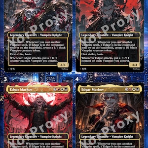 May include: Four trading cards featuring the character Edgar Markov, a Legendary Creature Vampire Knight. Each card displays unique artwork of the character in a dark, red-toned setting with the text Not Proxy overlaid. The cards include game rules, mana costs, and power/toughness stats of 4/4.
