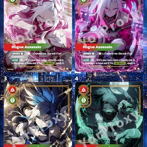 Op de afbeelding: Een set van vier Rogue Assassin ruilkaarten met anime-stijl personages in kleurenpaletten van roze, magenta, blauw en groen. Elke kaart toont speltekst, waaronder de titel Rogue Assassin, actieregels en diverse speliconen.