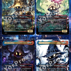 Può includere: Quattro carte di Magic: The Gathering con Vivi Ornitier, una Creatura Leggendaria Mago. Ogni carta ha un'opera d'arte unica, con un personaggio con un cappello da mago. Le carte hanno uno schema di colori blu e oro con testo che descrive le abilità della carta.