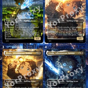 Peut inclure: Quatre cartes à collectionner intitulées Frodo, Adventurous Hobbit, présentant chacune une illustration unique de style anime. Les cartes affichent du texte incluant Legendary Creature - Halfling Scout, Vigilance et des règles de jeu, avec une valeur de 1/3 en bas à droite.