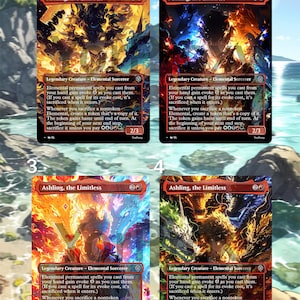 Puede incluir: Cuatro cartas de juego Magic: The Gathering con "Ashling, the Limitless". Cada carta muestra una obra de arte vibrante de una criatura elemental de fuego. Las cartas tienen un borde rojo e incluyen texto del juego. Las cartas miden 2/3.