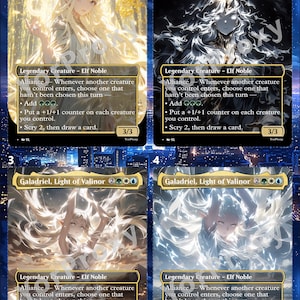 May include: Four trading cards titled Galadriel, Light of Valinor, each featuring a different artistic depiction of an elf noble. The cards display game text, mana costs, and power/toughness stats of 3/3, with a watermark overlaying the artwork.