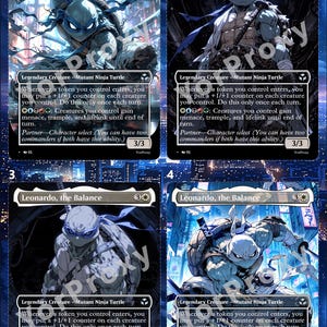 Puede incluir: Cuatro cartas coleccionables con Leonardo, the Balance, una criatura legendaria de tortuga ninja mutante. Cada carta muestra una tortuga con máscara azul y espadas en una ciudad, incluyendo texto de juego, costes de maná y fuerza 3/3.