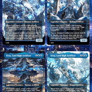 Puede incluir: Cuatro cartas coleccionables de Magic: The Gathering con Urza, Lord High Artificer. Cada carta representa a un mago con una larga barba blanca, en tonos azules y blancos. Las cartas tienen texto que describe las habilidades y estadísticas de la carta.