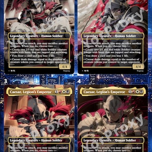 May include: Four trading cards titled Caesar, Legion's Emperor, each featuring a different anime-style illustration of a warrior in ornate armour with a red plume. The cards display game text, a 4/4 power and toughness, and the watermark Yorproxy.