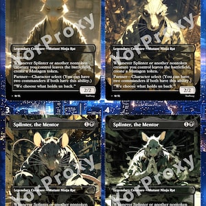 Peut inclure: Quatre cartes Magic: The Gathering mettant en vedette Splinter, le Mentor, un Mutant Ninja Rat. Chaque carte présente une illustration différente de Splinter. Les cartes ont du texte et une cote de puissance/endurance de 2/2.
