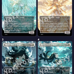 May include: Four trading cards featuring the artwork of Giada, Font of Hope, a Legendary Creature Angel. Each card has a unique illustration of an angel with text describing its abilities. The cards are in a vertical format.