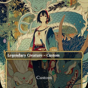May include: Custom card depicting a woman with black hair and a blue and white outfit, set against a backdrop of a stylized dragon. The card has a gold border and the text "Custom Card" and "Legendary Creature - Custom".