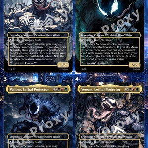 Puede incluir: Cuatro cartas coleccionables tituladas Venom, Lethal Protector, cada una con una ilustración en blanco y negro del personaje Venom. Las cartas muestran texto de juego, una fuerza y resistencia de 5/5 y el texto YorProxy sobre un fondo urbano.