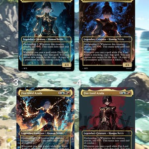 Puede incluir: Cuatro cartas de Magic: The Gathering con Fire Lord Azula, una Criatura Legendaria. Cada carta tiene un estilo artístico único, con Azula representada en varias poses y combinaciones de colores. Las cartas son 4/4.