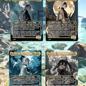 Puede incluir: Cuatro cartas coleccionables de Magic: The Gathering con el personaje Yuriko, la Sombra del Tigre. Cada carta tiene una ilustración única de Yuriko, un Ninja Humano, con un fondo diferente. Las cartas tienen un borde negro e incluyen texto del juego.