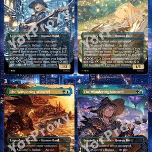 Puede incluir: Cuatro cartas coleccionables de Magic: The Gathering con "The Wandering Minstrel". Cada carta muestra un Bardo Humano con un instrumento musical. Las cartas tienen un estilo artístico de fantasía con varios fondos.