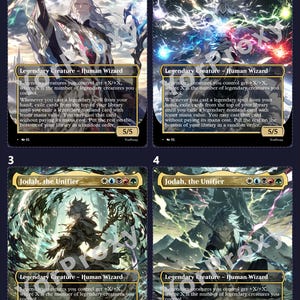 May include: Four Magic: The Gathering cards featuring "Jodah, the Unifier," a Legendary Creature - Human Wizard. Each card has a different art style, with a 5/5 power and toughness. The cards have text describing their abilities.