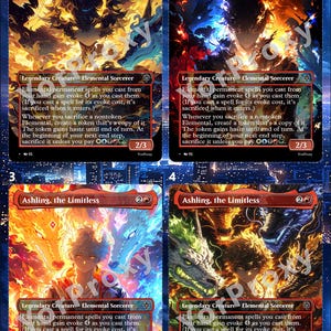 May include: Four Magic: The Gathering cards featuring Ashling, the Limitless, a Legendary Creature - Elemental Sorcerer. Each card has a different color scheme, with fiery and icy elemental designs. The cards have a 2/3 power/toughness.