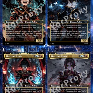 May include: Four Magic: The Gathering cards featuring Fire Lord Azula, a Legendary Creature. Each card has unique artwork, with Azula depicted in various poses and expressions. The cards have a gold and black color scheme.