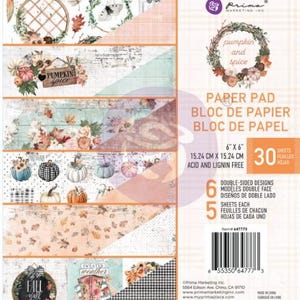 May include: A paper pad with a fall theme, featuring various designs with pumpkins, leaves, and floral arrangements. The pad includes 30 sheets, each measuring 6" x 6" (15.24 cm x 15.24 cm). The cover displays the text "pumpkin and spice".