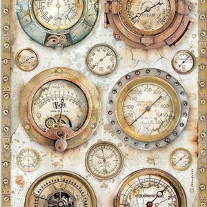May include: A collage of vintage gauges and meters with a steampunk aesthetic. The gauges feature metallic frames, aged paper faces, and various scales. Some gauges display text like "VOLTS" and "STEAM". The color palette includes shades of brown, gold, and silver.