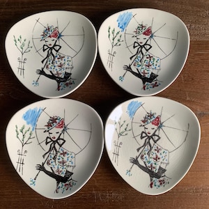 Set med 2 50-tals Limburg Echt Dom-Keramik Tallrik Keramik Paris Lady Woman Vintage