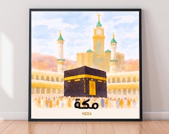 Stampa acquerello Kaaba – Decorazione minimalista per la casa islamica della Mecca, regalo musulmano (12x12)
