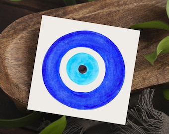 Stampa acquerello con malocchio blu – Poster minimalista boho di protezione spirituale