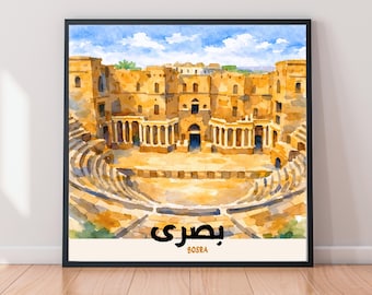 Stampa artistica di Bosra, Siria – Acquerello dell'anfiteatro romano – Decorazione murale con architettura mediterranea