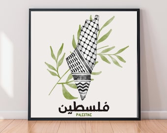 Stampa artistica ad acquerello con mappa della Palestina / Motivo Kefiah, Ramo d'ulivo