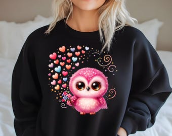 Sweat-shirt hibou Saint-Valentin, hibou mignon d'amour avec des coeurs, art de la Saint-Valentin chouette couleur, sweat-shirt coeurs de la Saint-Valentin hibou amour - cadeau Saint-Valentin hibou mignon