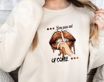 Sweat-shirt amateur de café, chemise un peu de paix et tasse de café, t-shirt graphique lèvres café esthétiques, cadeau barista