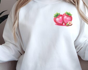 J'adore les fraises, je t'aime beaucoup avec des baies, un pull rétro pour la Saint-Valentin, un sweat-shirt fraise pour la Saint-Valentin, une chemise Saint-Valentin