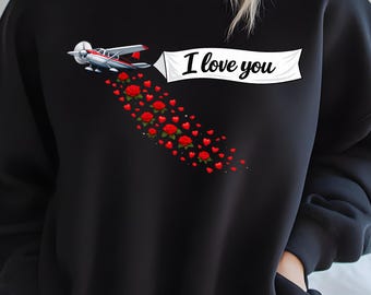 Conception d'avion Je t'aime, illustration de roses et de coeurs romantiques, graphique de chemise d'amour de Saint-Valentin, art de cadeau de couple