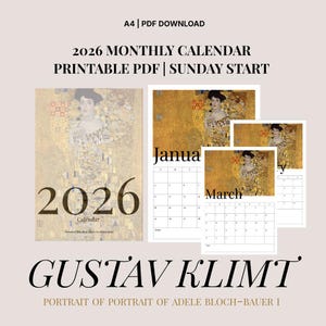May include: A printable 2026 monthly calendar in PDF format. The design features artwork by Gustav Klimt, including the "Portrait of Adele Bloch-Bauer I." The calendar includes a Sunday start and displays the months of January, March, and other months.