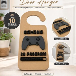May include: A 3D-printed door hanger with the words "GAMING IN PROGRESS" and a game controller design. The door hanger is beige with black raised lettering and details. It is lightweight, durable, and handmade.