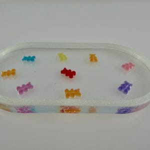 Glow in the Dark Gummy Bear Trinket Tray Glitter Resin Catchall Dish | Cute Kawaii Desk Organizer | Jewelry & Hair Clip Holder Gift