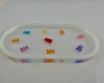 Glow in the Dark Gummy Bear Trinket Tray Glitter Resin Catchall Dish | Cute Kawaii Desk Organizer | Jewelry & Hair Clip Holder Gift