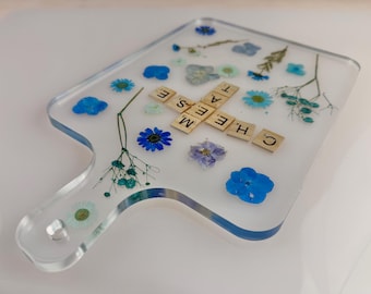 Crystal Clear Charcuterie Board with Pressed Blue Flowers + MEAT & CHEESE Letter Tile Cross | Unique Serving Board | Hostess Gift
