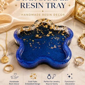 May include: A star-shaped resin tray with a deep blue interior and gold flake accents. The tray is handmade and suitable for jewelry, keys, or vanity items. The text on the image reads: "STAR SHAPED RESIN TRAY" and "HANDMADE RESIN DECOR".