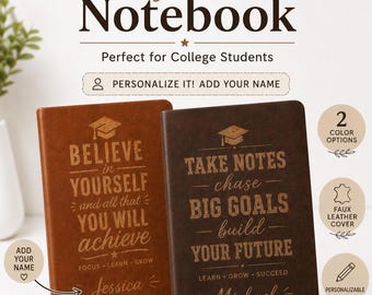 Personalized Engraved Leather Notebook, Motivational College Journal, Custom Name Graduation Gift, Student Planner, Faux Leather Notebook