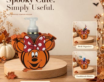 Minnie Inspired Halloween Pumpkin Soap Bottle Holder with Bow, Toothbrush Caddy and Desk Organizer
