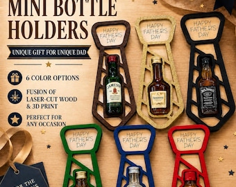 Father’s Day Mini Alcohol Bottle Holder, Tie Shaped Dad Gift, Laser Cut Wood & 3D Print Fusion, Mini Liquor Bottle Display, Unique Gift