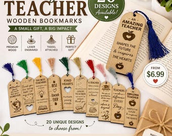 Personalized Teacher Bookmark Gift | Engraved Wooden Bookmark with Tassel | Teacher Appreciation Gift | End of Year Teacher Gift | 20 Design