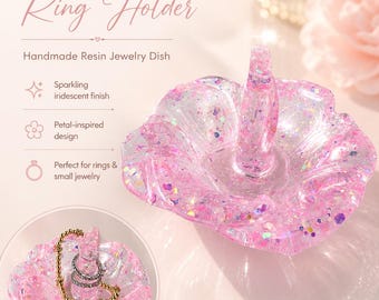 Glow in the Dark Resin Ring Holder | Iridescent Sparkle Jewelry Dish | Handmade Floral Ring Cone | Nightstand Decor Gift