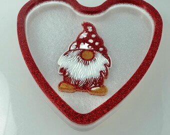 Valentine Heart Catchall Tray Pearl White Shimmer + Red Glitter Gnome | Resin Trinket Dish | Jewelry, Ring Holder, Cute Gift for Her