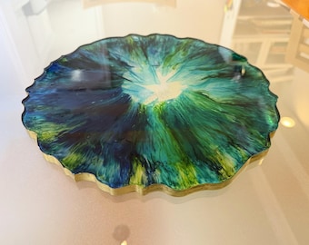 Handmade Resin Centerpiece Tray | Blue Green Gold Swirl, 13 Inch