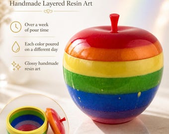 Hand-Poured Apple Shaped Rainbow Resin Bowl with Lid – One of a Kind Handmade Colorful Trinket Container