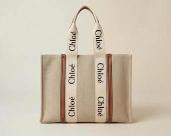 Duża torba typu tote Chloé Woody – beżowy brezent i skóra cielęca