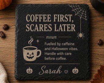 Cadeau d'Halloween amusant pour le bureau | Sous-verre en ardoise personnalisé | Cadeau pour collègue | Cadeau pour amateur de café | Accessoire de bureau