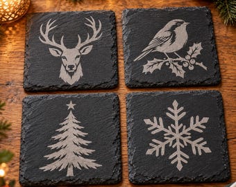 Lot de 4 sous-verres de Noël en ardoise | Cerf, rouge-gorge, sapin et flocon de neige
